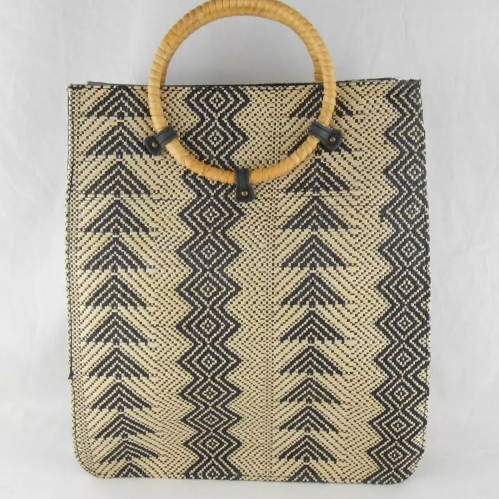 Wet Seal Geometric Woven Tote Bag Straw Black Tan Round Handle